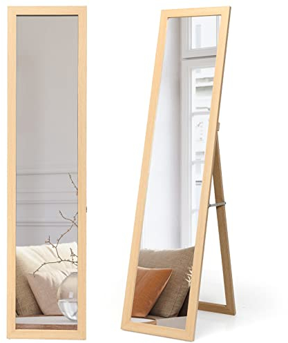 GOPLUS 2 in 1 Ganzkörperspiegel, Wandspiegel mit Hacken, Standspiegel mit Holzrahmen, Ankleidespiegel für Schlafzimmer oder Garderorber, verstellbare Winkelstufe, 147 x 29 cm, Farbwahl (Natur)