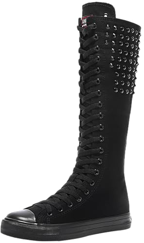 Jamron Mädchen Damen Modisch Knie Hoch Schnüren Segeltuch Stiefel Rein Schwarz Leinenschuhe Reißverschluss Tanzschuhe Nieten SN816 EU40