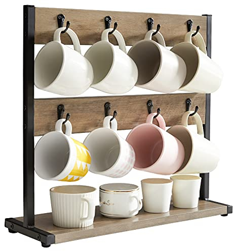 IBUYKE Support de Tasse à Café Rustique à 2 Niveaux avec Base de Rangement, Porte-tasses Vintage pour Cuisine, Peut Contenir 16 Tasses, Greige TBJ001Y