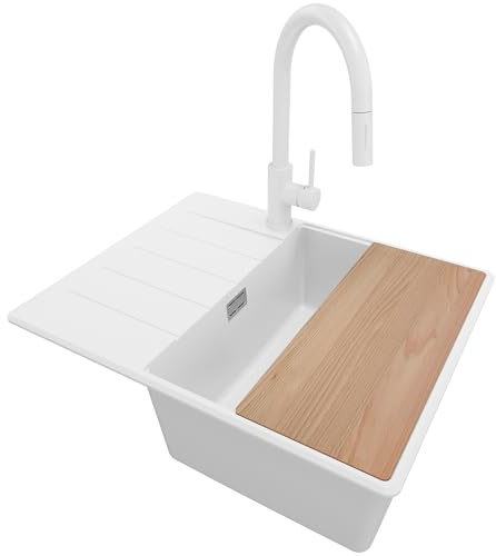 PRIMAGRAN Granitspüle ab 45er Unterschrank + Küchenarmatur, 62x50cm | Set: Küchenarmatur BW9010 + Ablauf-Set + Schneidebrett + Eckspüle 1 Becken - Kopenhagen, Weiß