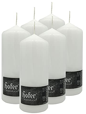 Hofer - Stumpenkerzen Säulenkerzen - 6 Stück - Farbe Weiß - 8 x 20 cm – Lange Brenndauer: 80 Stunden - Ohne Duft, Tropffrei Wachskerzen, Hergestellt in Österreich