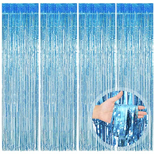 O-Kinee Lametta Vorhänge Hellblau Glitzer, 4 Stück Metallische Glitzervorhang Fringe 1m x 2m, Glitzer Tinsel Curtain, Folienfransen Vorhang für Weihnachtsbaum Geburtstage Festivals Party Bühnendekor