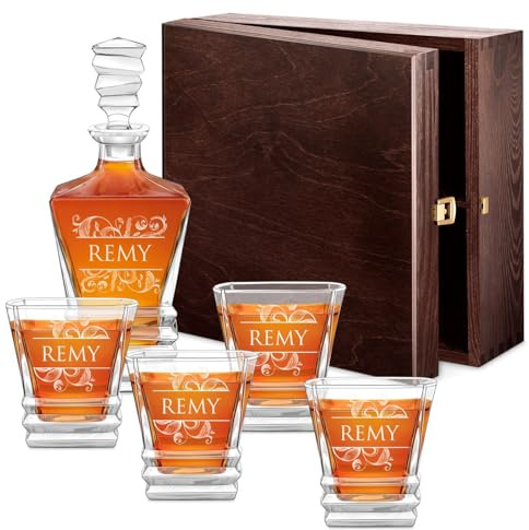 Maverton 800 ml Whisky Karaffe + 4 / 6er Whiskygläser Set mit Gravur - Whisky Dekanter aus Kristallglas - Whiskey Dekanter Set für Männer zum Geburtstag - zum Vatertag - Ornament