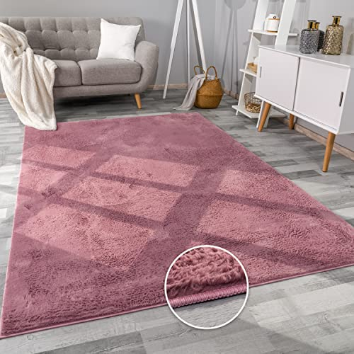 Paco Home Hochflor Teppich Wohnzimmer Flauschig Fellteppich Kunstfell Plüsch Shaggy Weich Fellimitat, Grösse: 120x160 cm, Farbe: Lila-Rosa