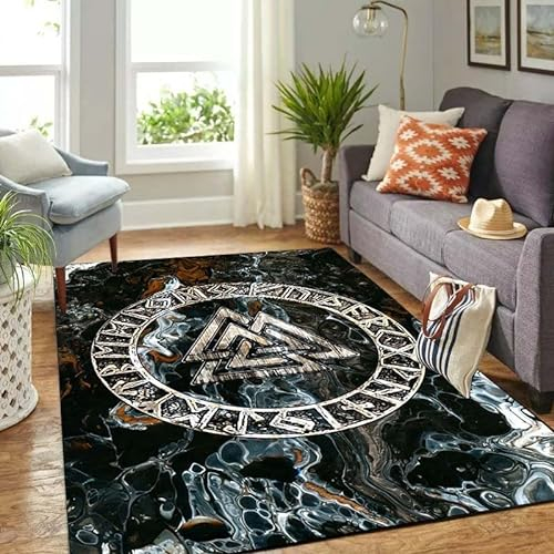 HERENI Wikinger Runen Teppich Pirat Odin Krähe Wolf Kurzflor Teppich für Wohnzimmer Schlafzimmer Esszimmer Kinderzimmer rutschfest Waschbar Verblasst Nicht Rechteck Teppiche pflegeleicht 60x90 cm