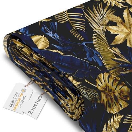 DreamRoots Markisenstoff Meterware, Monstera Gold Navy Blue, 2 m | Oxford Segeltuch, wasserdicht, Polsterstoff, 220 g/m² 600D, 160 cm breit, wasserabweisend, für außen & Deko