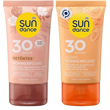 SUNDANCE Sonnenschutz 2er-Set: Sonnenfluid GETÖNT LSF 30 passt sich dem Hautton an für ebenmäßigen Teint (50 ml) + Sonnenfluid GLOW Feuchtigkeitspflege mit Papaya-Extrakt, LSF 30 (50 ml), 100 ml