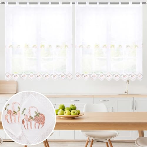 BOD HOME, 2 Piezas, Cortinas Translúcidas con Trabillas para Cocina, Color Blanco Fresas, Comedor, Cortina Media Altura, Poliéster, Diseños Bordados, Fácil Uso e Instalación. AnchoxAlto:150X100cm