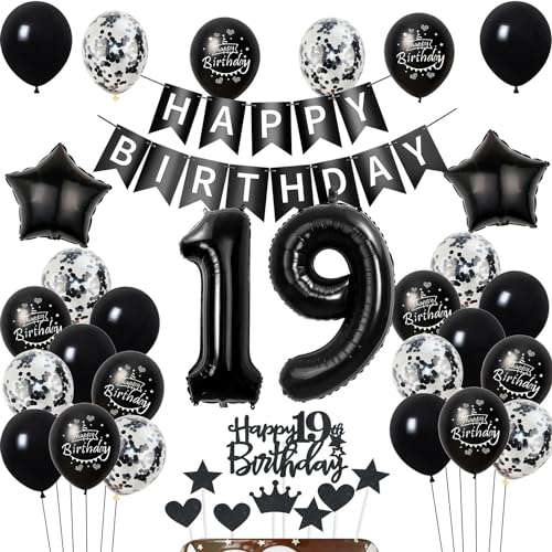Luftballons 19 Geburtstag Dekoration,Schwarz Tortendeko Geburtstag 19 Jahre Junge,deko 19. mädchen Junge,Tortendeko 19. mädchen,Geburtstagsdeko 19 Jahre Schwarz