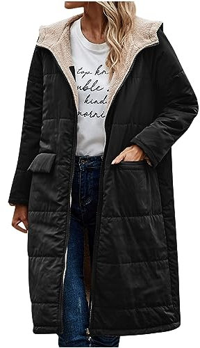 Susenstone Manteaux Femme Chaud Hiver Réversible Sherpa Polaire Longue À Capuche Doudoune Doublée De Fourrure Parkas Veste Puffer Down Manteau Rembourré Coupe-Vent Matelassé Trim Manteau pour Dames