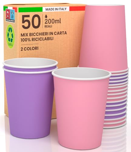 50 Bicchieri in Carta 200ml Mix Dream Ecologici Biodegradabili Monouso Made in Italy Asporto Bevande Calde Acqua - MIX di Colori Rosa Lilla - Prodotto e Confezionato in Italia