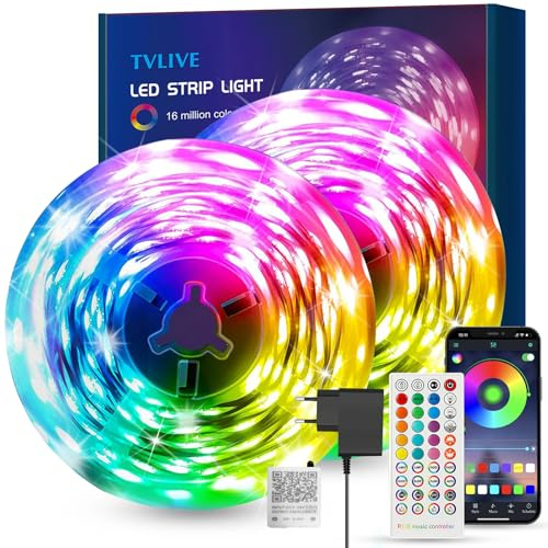 TVLIVE LED Strip Bluetooth RGB LED Streifen, LED Leiste Musik Sync, Farbwechsel LED Lichterkette mit Fernbedienung und App-steuerung,Flexibel LED Band für Party, Zuhause, Schlafzimmer (30M(2 * 15M)-1