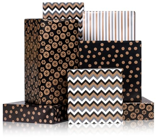 Larcenciel Papier Cadeau Noël Noir et Or, Papier Cadeau Anniversaire Rétro Mode, Pois Vagues Rayures Verticales feuille de Lotus Emballage Cadeau pour Maman Garçon Fille, Toutes Occasions,8PCS 50x70cm