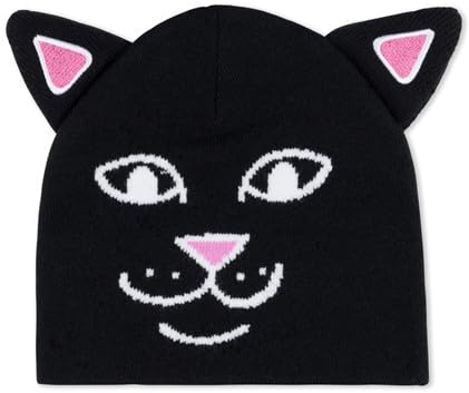 RIPNDIP Jerm Face Black Beanie Lord Nermal Beanie Mütze Lustige Katze Wintermützen für Damen und Herren Katze Beanie für Damen und Herren, Schwarz, 0