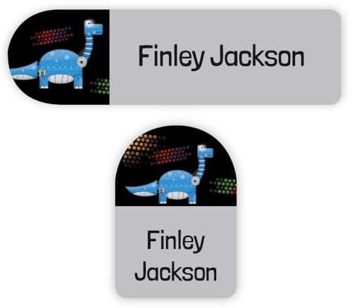 50 x No Iron Medium Personalised Stick On Waterproof Washable Name Labels Great for Clothes, School Uniform, Equipment, Shoes and More. School, Nursery, Day Care, Hospital - Robot Dinosaurs - Blue