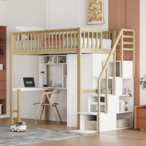 MQLAE Hochbett 90x200cm mit Schreibtisch, Bücherregal, Schrank und Stauraumtreppe für Kinder, Kinderbett Funktionsbett Etagenbett Stockbett Kinderhochbett Jugendhochbett (Natur)