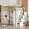 MQLAE Hochbett 90x200cm mit Schreibtisch, Bücherregal, Schrank und Stauraumtreppe für Kinder, Kinderbett Funktionsbett Etagenbett Stockbett Kinderhochbett Jugendhochbett (Natur)