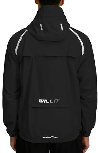 WILLIT Veste de cyclisme pour homme - Imperméable - Avec capuche - Légère - Coupe-vent - Respirante - Pliable - Pour le golf, le cyclisme, la randonnée, la course, l'extérieur, Noir , XXXL