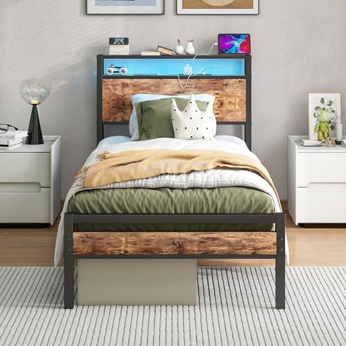HOJINLINERO Single Bed Frame with Storage Shelf Headboard & LED Lights,Metal Platform Bed Frame with Charging Station,Mattress Base/Strong Slats Support/UnderBed Storage/Easy Assembly for Adults,Brown