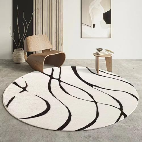 Freyamy Teppich Rund 120cm Weiß Schwarz Streifen Linie Teppiche Modern Designer für Wohnzimmer Outdoor Teppich Rund Dekorative Schlafzimmer Kurzer Plüsch Terrassen Runder Haustierteppich