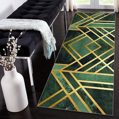 Siunwdiy Teppich Läufer Flur Küche rutschfest Waschbar Modern Grün Gold Dunkelgrün Geometrisch Teppichläufer Korridor Teppich Küchenläufer Lang 40x140cm Flurteppich Küchenteppich Meterware Anpassbar