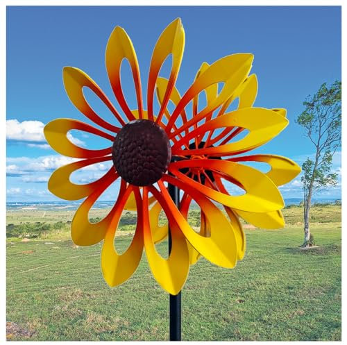 MeLtor Garten WindmüHle Doppelwindrad mit gegenläufigen Rotoren,174CM, 3D Edelstahl Sonnenblume Landschaft Terrasse, Rasens Oder Gartens,Yellow