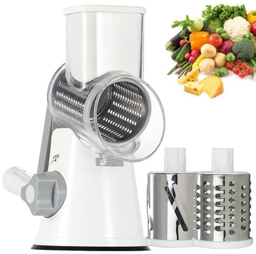 Rallador de Queso Manivela Giratoria,Ralladores de Cocina con 3 Cuchillas de Tambor Intercambiables,fácil de limpiar,Cortadora de Verduras Ideal para Queso,Pepino,Zanahoria,Nueces, etc
