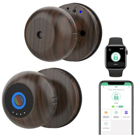 Fingerabdruck-Türknauf Kugelschloss eLinkSmart Keyless Entry Digitales Türschloss Holzmaserung Metall Fingerabdruck Türknauf für Schlafzimmer Wohnung, eSmartLock App, Unterstützung Telefon & iOS Uhr