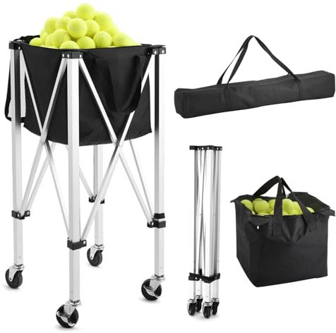 YooKoo Tennis Ball Hopper for 150 Balls, Tennis Ball Basket for Serve Training, Foldable Tennis Ball Cart with Storage Bag, Portable Pickleball Baseball Hopper Basket