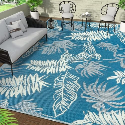 Falflor 180x270cm Outdoor Reversible Rug Waterproof Outdoor Patio Rug Plastic Large Floor Mat Lightweight Outdoor Rug Carpet Plastic Straw Rug for Camping Deck RV Backyard Picnic(Multi-Blue)