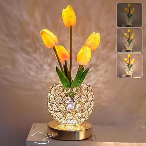 Wekity Tulip Flower Lamps, 3 Colors Touch Stepless Dimming Crystal Night Light, Rechargeable Artificial Flower Light, LED Flower with Vase Lamp Romantic Decor for Date Party Home (Tulip2 - Pink)