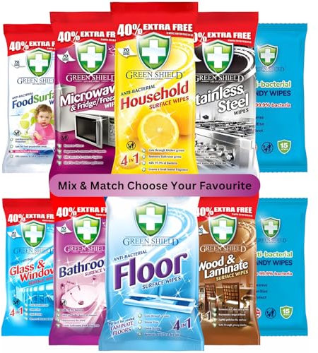 Green Shield Wipes Mix & Match Antibacterial Floor, Food, Household, Bathroom, Microwave & Fridge Freezer, Glass & Window, Stainless Steel, Wood & Laminate Surface Wipes, Handy Wipe's