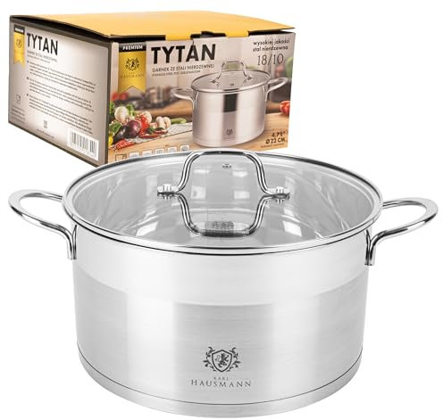 KARL HAUSMANN Faitout Inox - 4.7L - 22 cm - Marmite Induction en Acier Inoxydable 18/10 - Casserole avec Couvercle en Verre - fait tout tous feux - Faitouts Avec Échelle de Mesure - Cocotte Inox