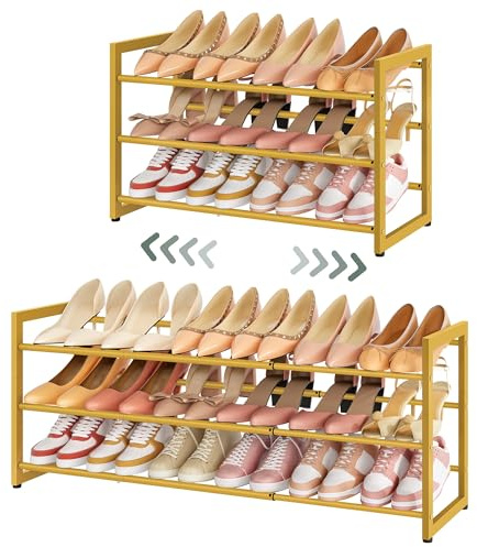 FAVOOSTY 2 Ebenen Schuhregal Metall Ausziehbares Gold, Verstellbar Platzsparend, Shoes Rack, Robustes Schuhständer für Eingangsbereich, Schlafzimmer (Gold, 3 Tier)