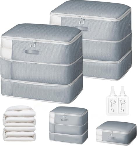 DIMJ 220L Self Compressing Storage Bags - Heavy Duty Air Valve Bedding Organiser, Compress Bedding from 110L to 66L Per Bag for Wardrobe, Travel & Moving | No Pump Space Saver, 2 Pack, Grey