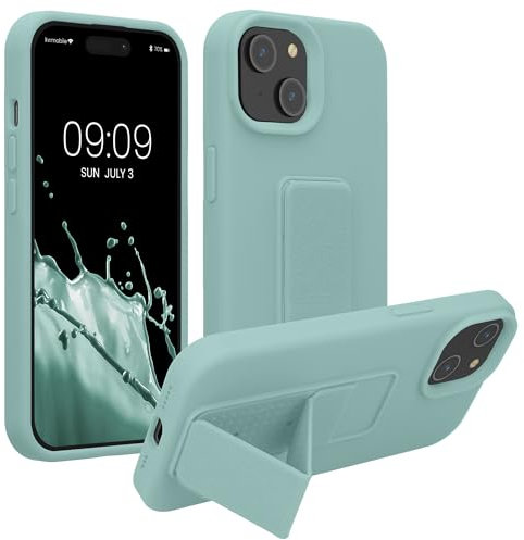 kwmobile Handyhülle kompatibel mit iPhone 15 - Hülle mit Fingerhalter und Standfunktion - Silikon Case Handy Cover in Mintgrün