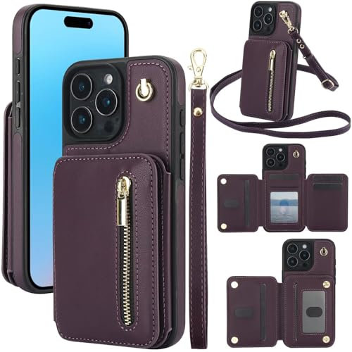 HAOFUGUI Case for iPhone XR, with [RFID Blocking] Card Slots, PU Leather Stand Flip Phone Cover, Lanyard Wallet Case for iPhone XR-Dark Purple