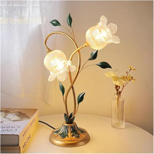 Stesulfr Retro Nachttischlampe Bronze Lampenkörper Tischlampe Glasblumenlampenschirm Antike Heimdekoration Tischleselampe Nachttischlampe Geeignet für Schlafzimmer Wohnzimmer Büro Frisiertisch(2 light