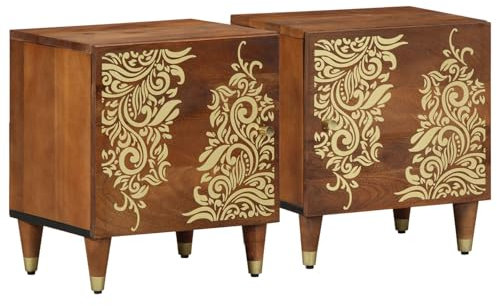 vidaXL Nachttische 2er Set aus massivem Mangoholz, honigbraun mit goldenen Akzenten, florales Design, 40 x 33 x 46 cm, Tisch mit Stauraum, Moderne Schlafzimmermöbel, kompakter Kleiner Schrank.