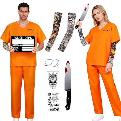 Hifot Gefängnis Kostüm Orange Herren Prisoner Costume Gefangener Häftling Kostüm Damen Orange Oberteile Hosen Sträfling Knast Outfit Erwachsener Halloween Tattoo Aufkleber Ärmel Cosplay Karneval M
