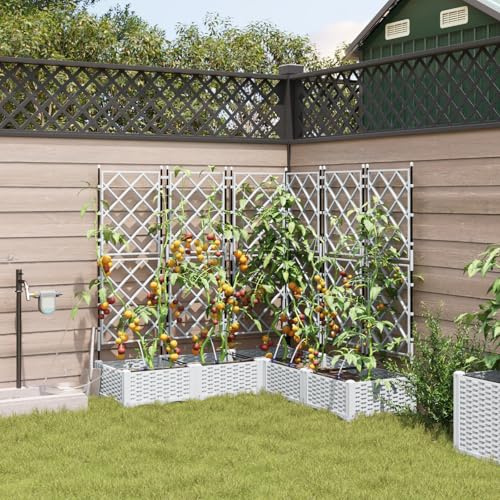 QJBSAVVA Weißer Quadratischer Pflanzkasten mit Bewässerungssystem und Rankgitter 5 STK. Hochbeet für Garten Balkon Terrasse Outdoor 120x120x126cm UV-beständig Naturharz