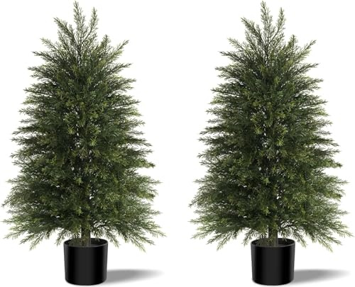 Set di 2 cedri artificiali da 90 cm, piante topiarie realistiche sempreverdi, cipresso artificiale in vaso per portico, giardino, casa, soggiorno