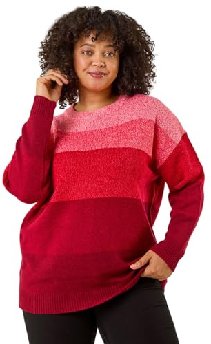 Roman Curve Ombre Stripe Knit Jumper for Women UK - Ladies Everyday Autumn Winter Round Neckline Comfy Soft Evening Vacation Work Party Night Out