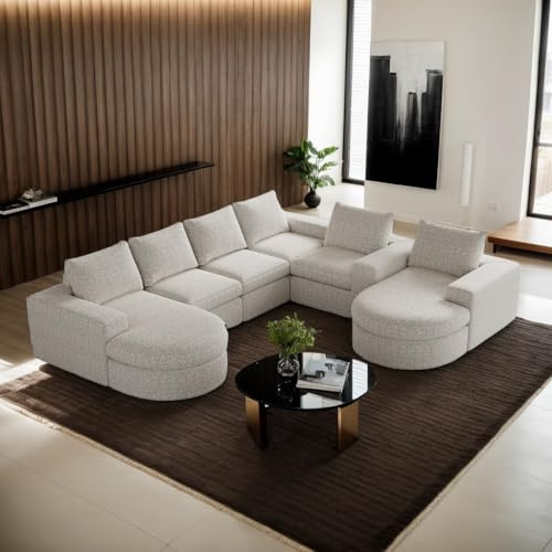 Ligterra 7 Sitzer Chenille Sofa L/U-Form mit gebogenen Elementen und Liegestuhl, vollständig komprimiert, modulares Kombinationssofa 2 L-Liegestuhl, Schaumstoff-Kompressionssofa (Creme)