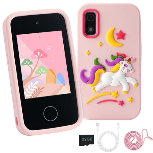Kids Phone for Girls, Christmas Birthday Unicorn Gifts for 3 4 5 6 7 8 Year Old Girls, Touchscreen Toddler Learning Phone Toy for Kids Age 3-8 with Dual Camera, Game, Music 32G SD Card(Pink)