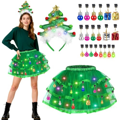 Beipegin LED Christmas Tree Costume for Women,Light Up Tulle Ballet Dance Jingle Bells Bulbs Hair Lights Ornaments with Clips Christmas Tree Headband Novelty Xmas Fancy Dress Green