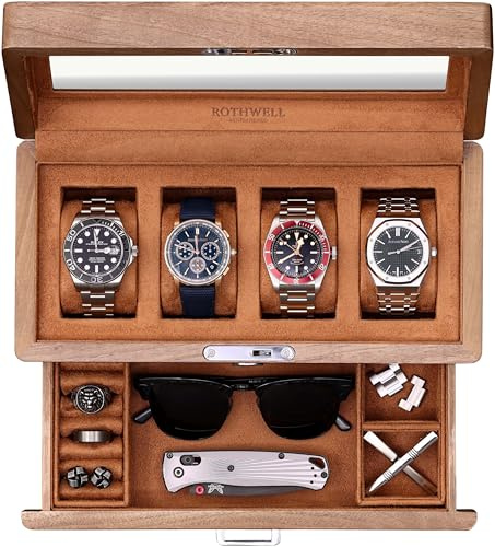 ROTHWELL Uhrenbox mit 4 Fächern, massives Walnussholz, mit Schublade, Premium-Schmuck-Vitrine, Organizer mit verschließbarer Glasplatte und Mikrovelours-Auskleidung für Damen und Herren, Hellbraun