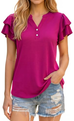 Enmain Camicetta Estive Donna Casual Maglietta con Scollo a V e Volant a Maniche Corte Eleganti Blusa Top con Bottoni per Lavoro