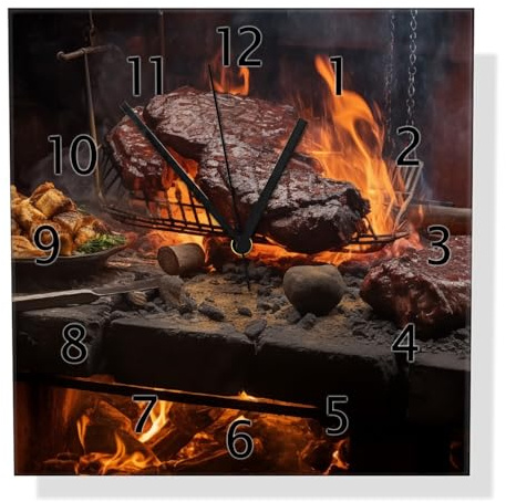 Wallario Design-Wanduhr Urige Grillkunst: Steakschmiede aus Glas, Motiv-Uhr Größe 30 x 30 cm, Schwarze Zeiger