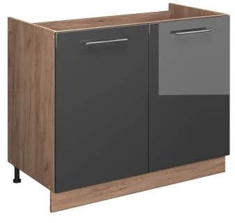 Vicco Spülenunterschrank Fame-Line, Anthrazit Hochglanz/Eiche, 100 cm | MDF-Front · Ohne Arbeitsplatte · Höhenverst. Füße · Metallgriffe · Soft-Close